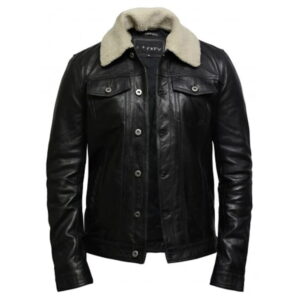 Black leather trucker jacket For Men