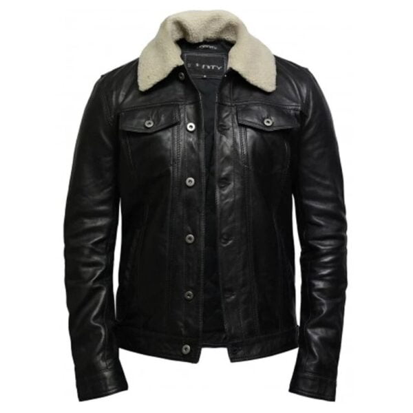 Black leather trucker jacket For Men