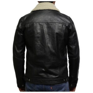 Black leather trucker jacket For Men