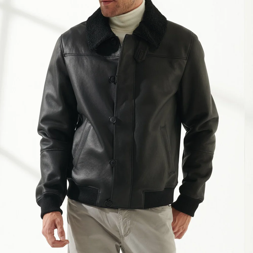 Black overland sheepskin jacket shearling bomber jacket