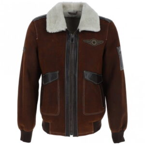 Brown leather aviator bomber jacket