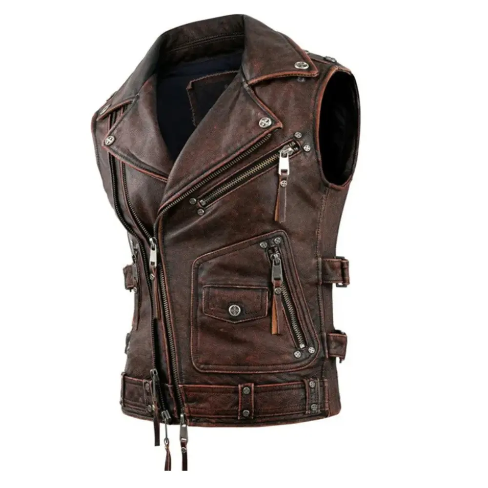 Brown leather motorcycle vest