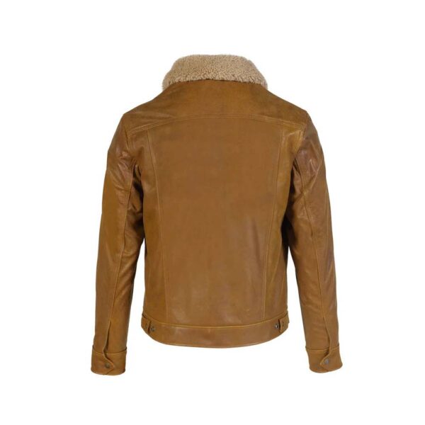 Brown leather trucker jacket with fur collar