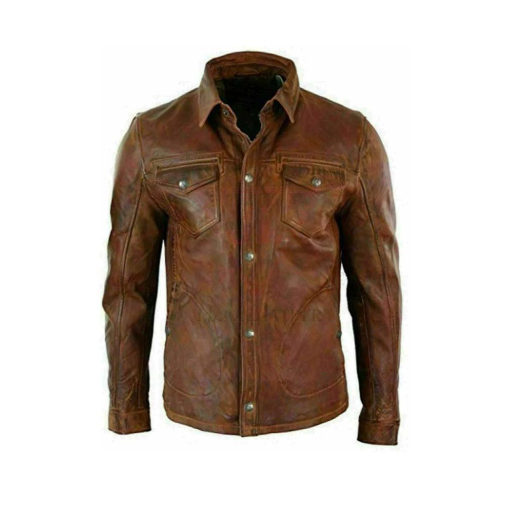 Brown leather trucker jacket