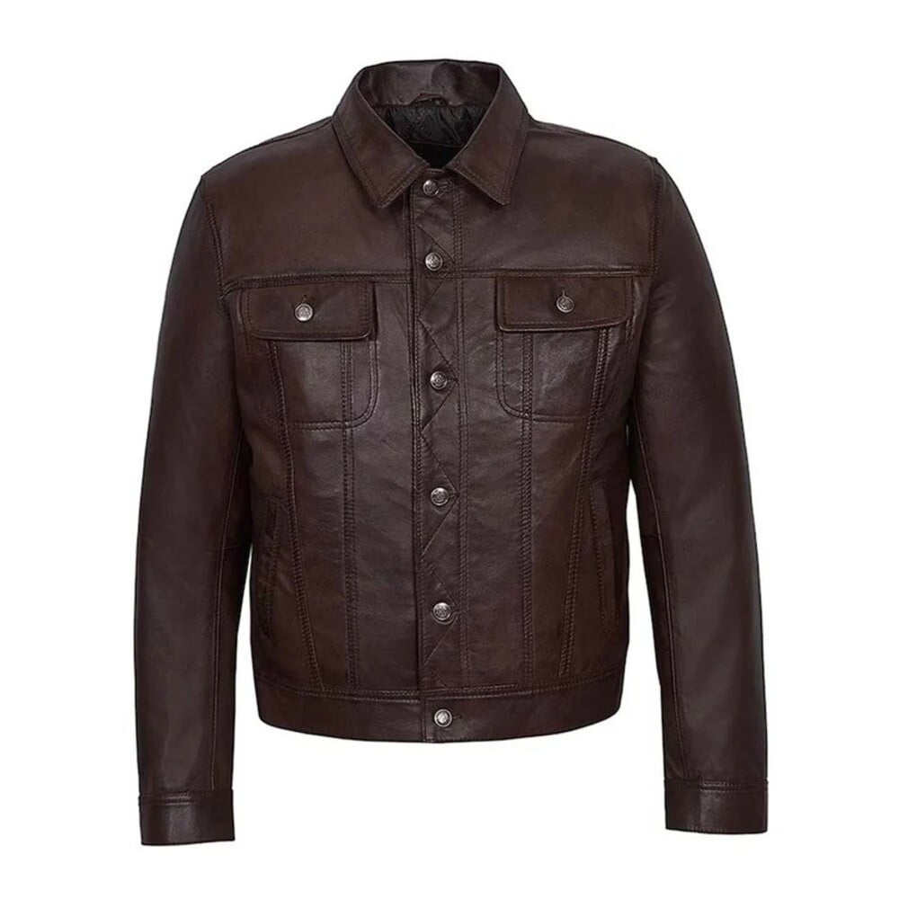 Maroon trucker leather jacket