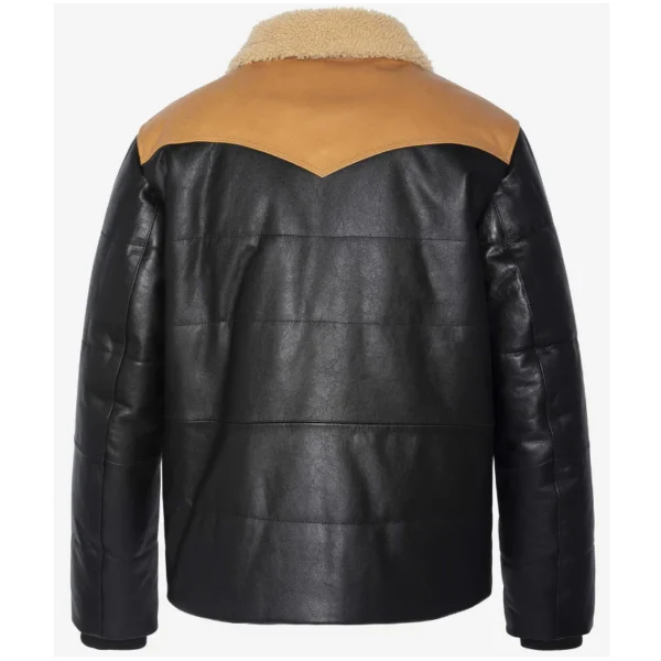 Shearling collar leather puffer jacket for men