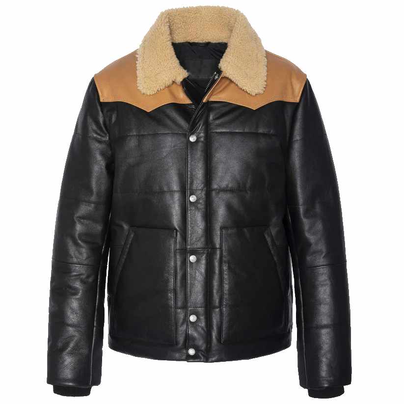 Shearling collar leather puffer jacket for men
