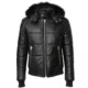 black leather puffer jacket with hood