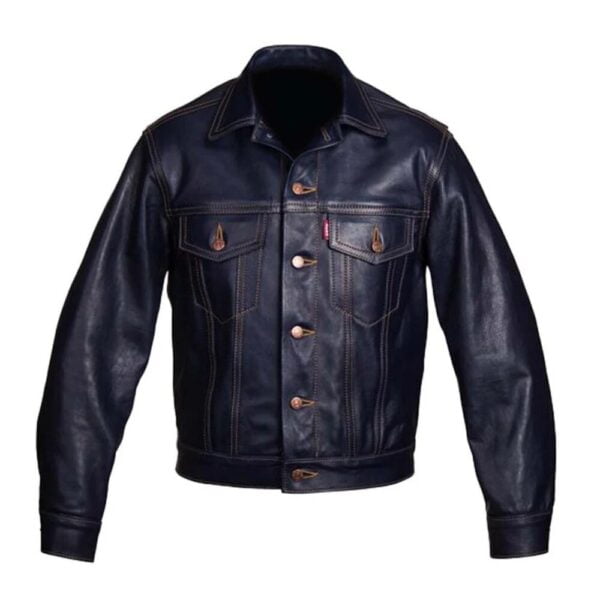 blue leather trucker jacket