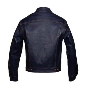 Blue leather trucker jacket