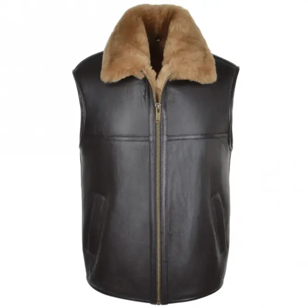 Black leather shearling vest
