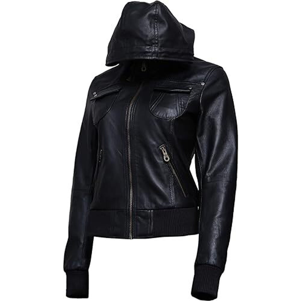 Black leather bomber jacket with hood