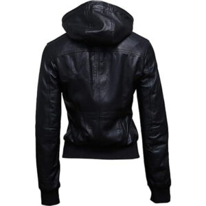 Black leather bomber jacket with hood