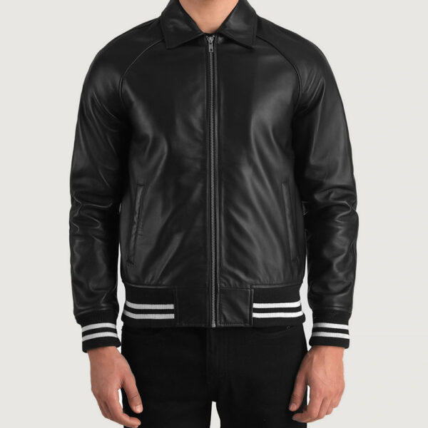 Black leather varsity jacket