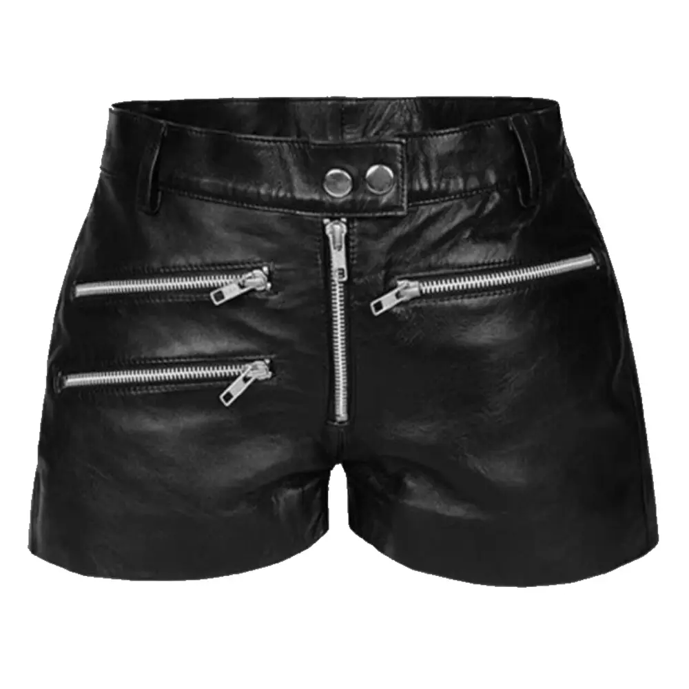 Men black leather shorts