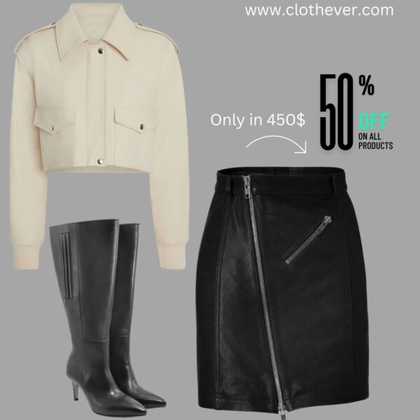 leather skirt with jacket and black knee high boots