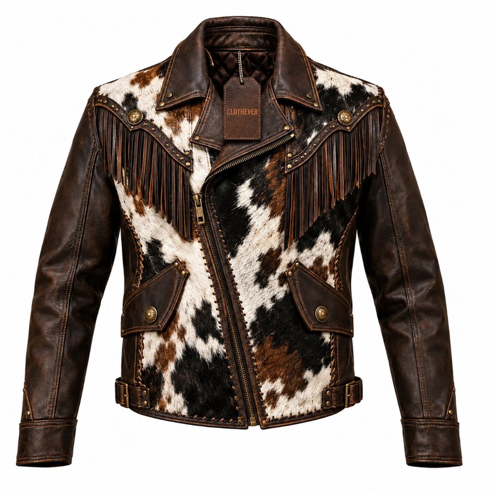 Genuine Hair On Hide Cowhide Fringe Leather Jacket